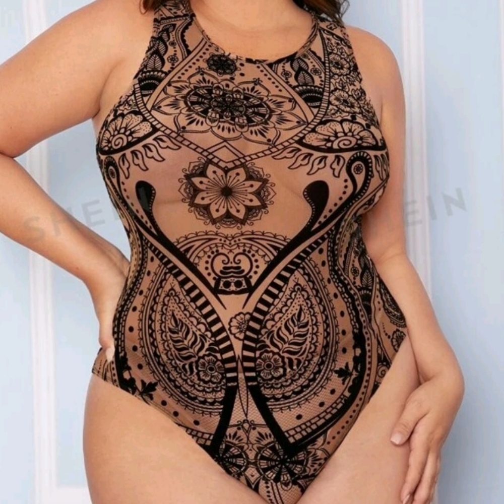Mesh pasley print, sheer bodysuit. Super sexy for the night out!